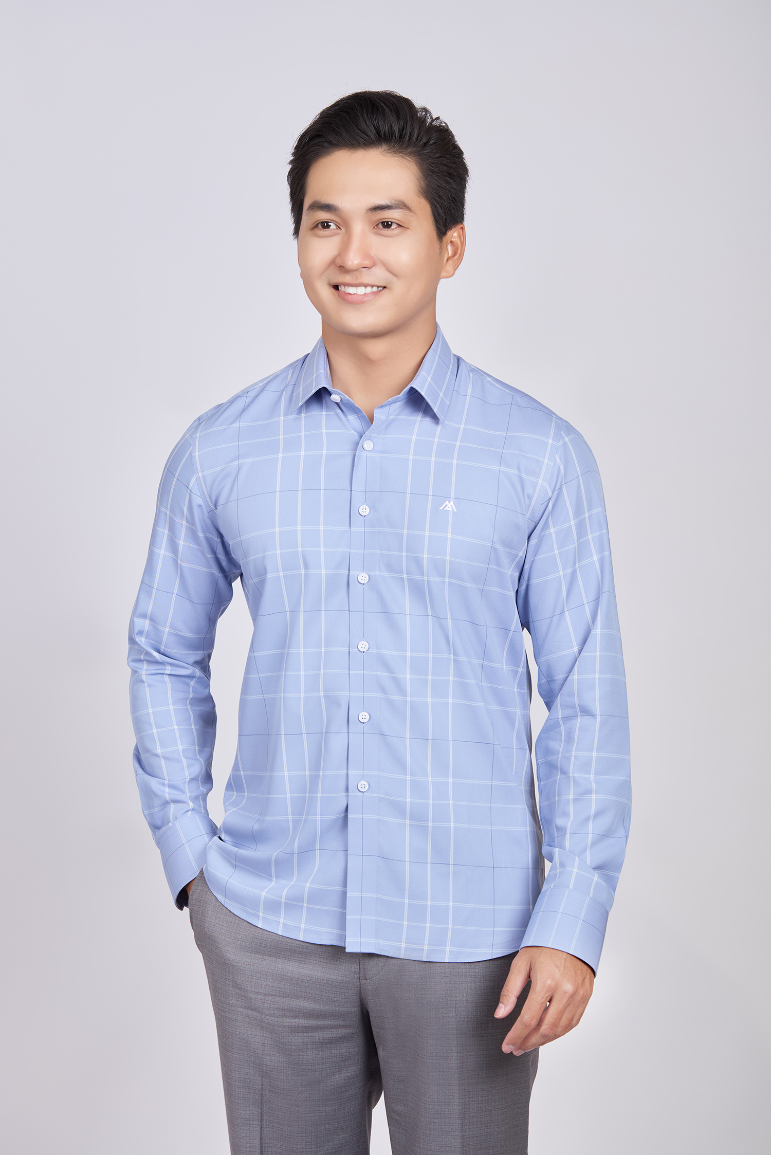 Sơ mi nam dài tay - Slimfit, vạt ngắn - Caro xanh