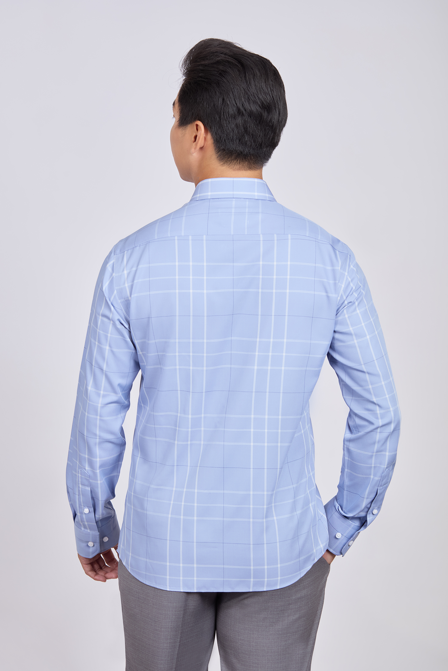 Sơ mi nam dài tay - Slimfit, vạt ngắn - Caro xanh