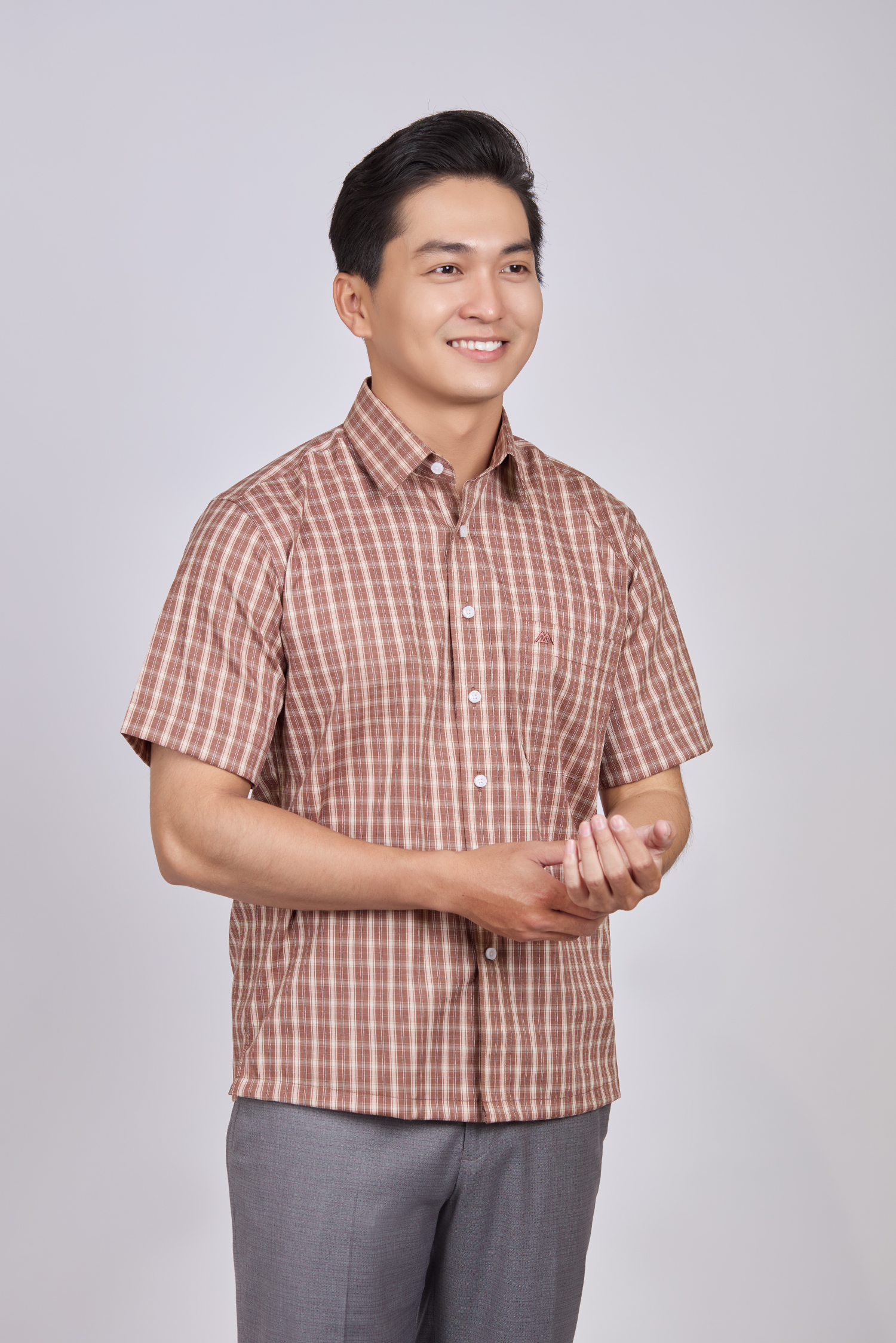 Sơ mi nam Ngắn tay - Casual, vạt ngang- caro nâu
